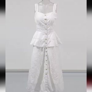 White Eyelet Embroidered Button Front Midi Dress Cottagecore Boho - NWT Size L